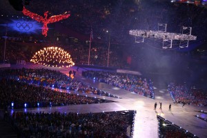 Take That performing 'Rule the world' as the cauldron is lowered