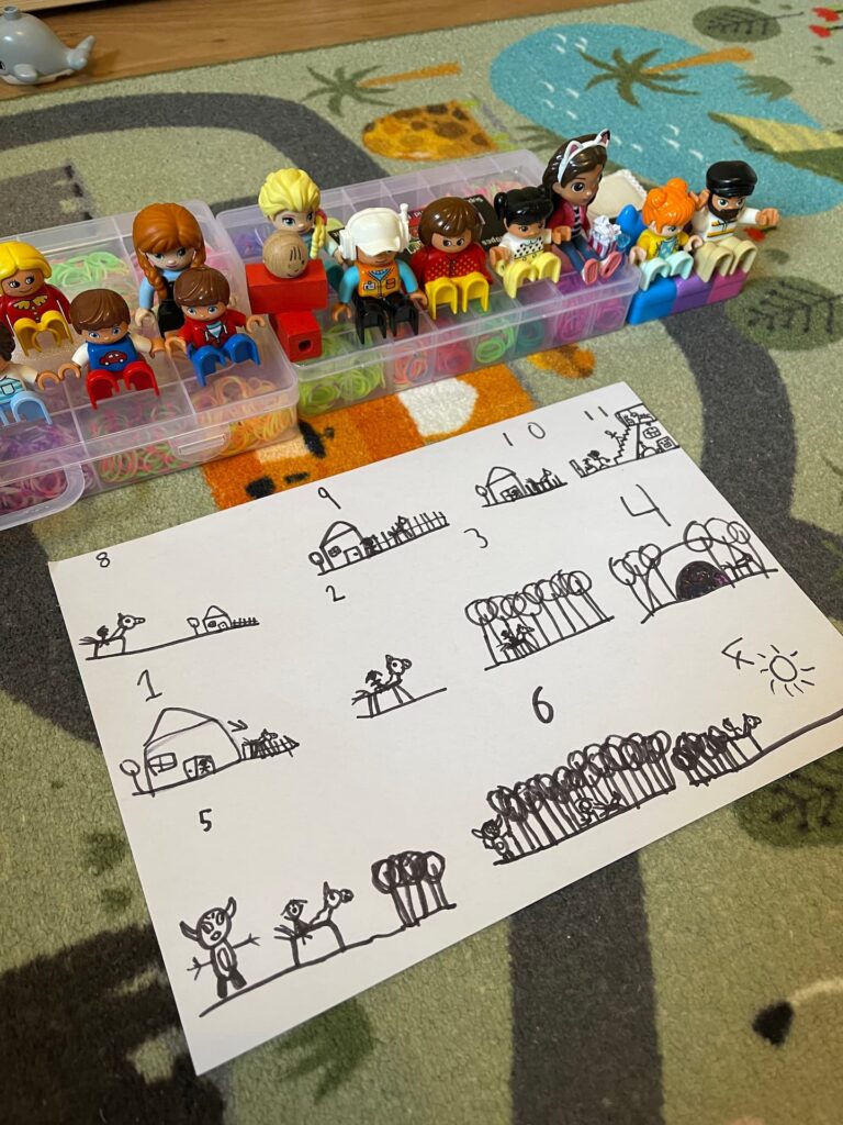 Our daughter's finished storyboard laid out in front of her figures